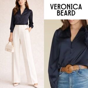 $398 Veronica Beard Beata Silk Blouse In Navy Size 6